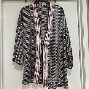 Ann Taylor Black and White Patterned Open Cardigan with Pink Trim